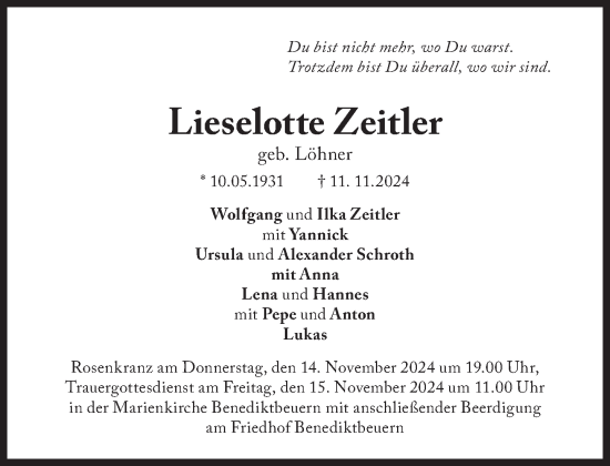 Traueranzeige von Lieselotte Zeitler von Süddeutsche Zeitung