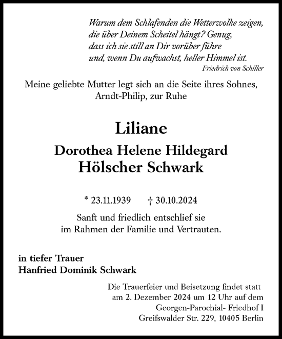 Traueranzeige von Liliane Dorothea Helene Hildegard Hölscher Schwark von Süddeutsche Zeitung