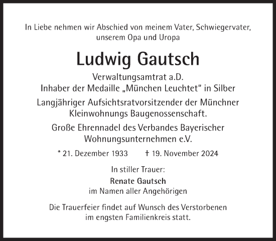 Traueranzeige von Ludwig Gautsch von Süddeutsche Zeitung