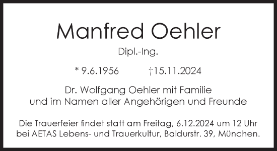 Traueranzeige von Manfred Oehler von Süddeutsche Zeitung