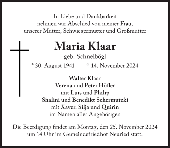 Traueranzeige von Maria Klaar von Süddeutsche Zeitung