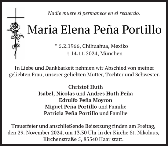 Traueranzeige von Maria Elena Portillo von Süddeutsche Zeitung