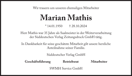 Traueranzeige von Marian Mathis von Süddeutsche Zeitung