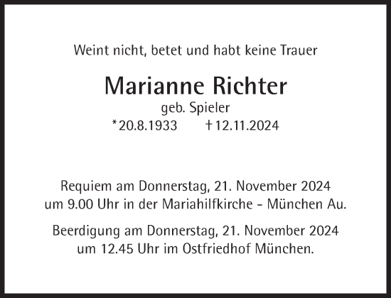 Traueranzeige von Marianne Richter von Süddeutsche Zeitung