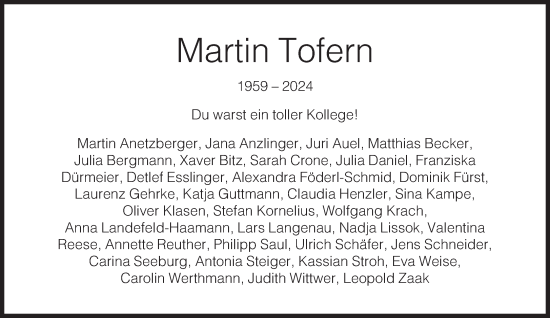 Traueranzeige von Martin Tofern von Süddeutsche Zeitung