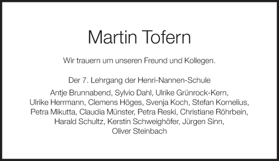 Traueranzeige von Martin Tofern von Süddeutsche Zeitung