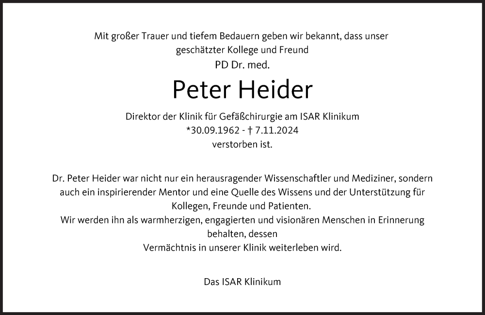  Traueranzeige für Peter Heider vom 16.11.2024 aus Süddeutsche Zeitung