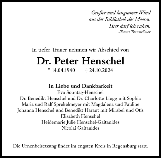 Traueranzeige von Peter Henschel von Süddeutsche Zeitung