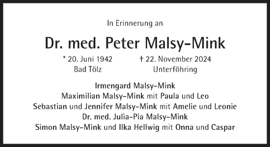 Traueranzeige von Peter Malsy-Mink von Süddeutsche Zeitung