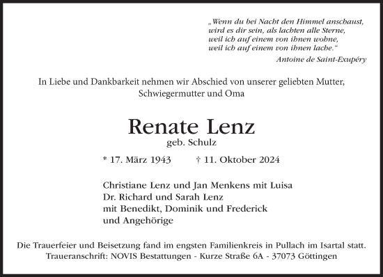 Traueranzeige von Renate Lenz von Süddeutsche Zeitung