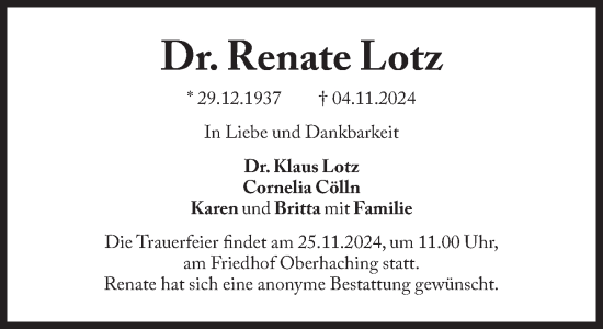 Traueranzeige von Renate Lotz von Süddeutsche Zeitung