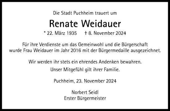 Traueranzeige von Renate Weidauer von Süddeutsche Zeitung