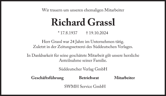 Traueranzeige von Richard Grassl von Süddeutsche Zeitung