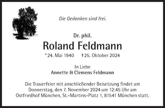 Traueranzeige von Roland Feldmann von Süddeutsche Zeitung