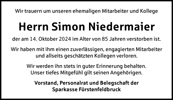 Traueranzeige von Simon Niedermaier von Süddeutsche Zeitung