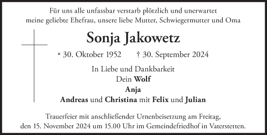 Traueranzeige von Sonja Jakowetz von Süddeutsche Zeitung