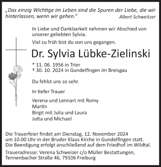 Traueranzeige von Sylvia Lübke-Zielinski von Süddeutsche Zeitung