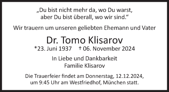 Traueranzeige von Tomo Klisarov von Süddeutsche Zeitung