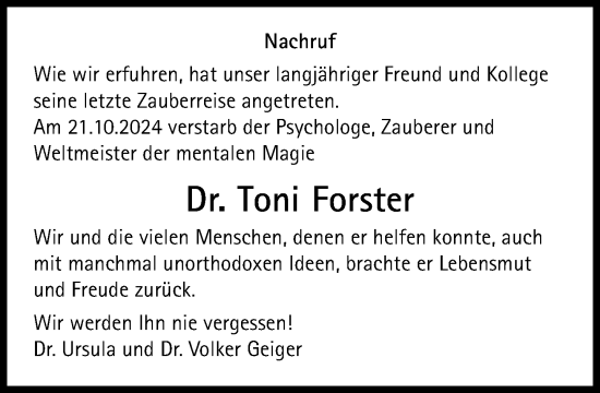 Traueranzeige von Toni Forster von Süddeutsche Zeitung