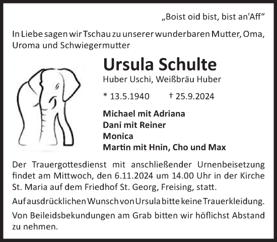 Traueranzeige von Ursula Schulte von Süddeutsche Zeitung