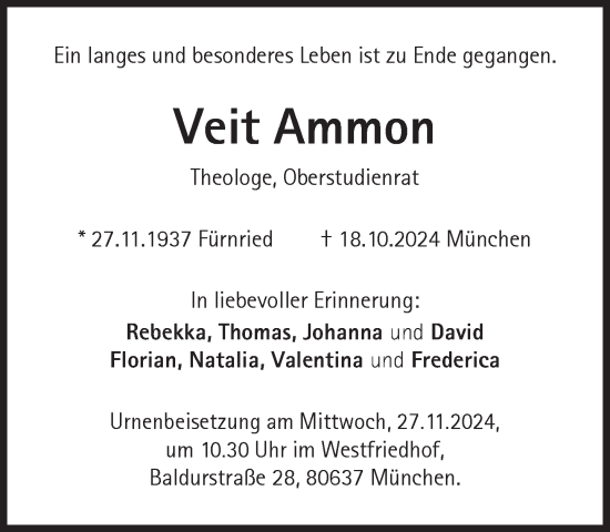 Traueranzeige von Veit Ammon von Süddeutsche Zeitung