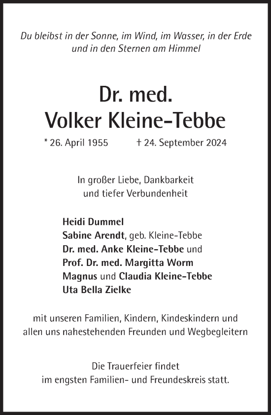 Traueranzeige von Volker Kleine-Tebbe von Süddeutsche Zeitung