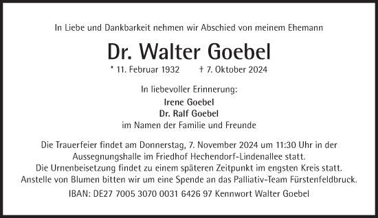 Traueranzeige von Walter Goebel von Süddeutsche Zeitung