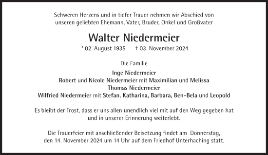 Traueranzeige von Walter Niedermeier von Süddeutsche Zeitung