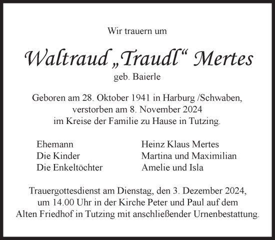 Traueranzeige von Waltraud Mertes von Süddeutsche Zeitung