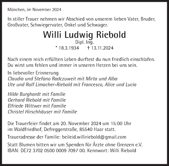 Traueranzeige von Willi Ludwig Riebold von Süddeutsche Zeitung