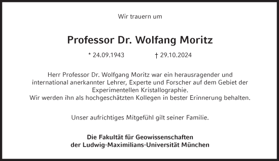 Traueranzeige von Wolfang Moritz von Süddeutsche Zeitung