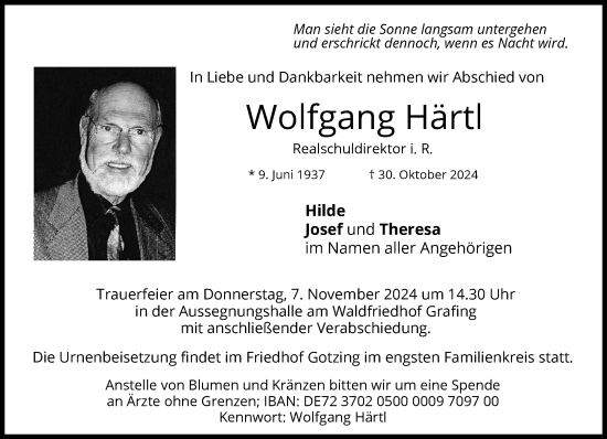 Traueranzeige von Wolfgang Härtl von Süddeutsche Zeitung