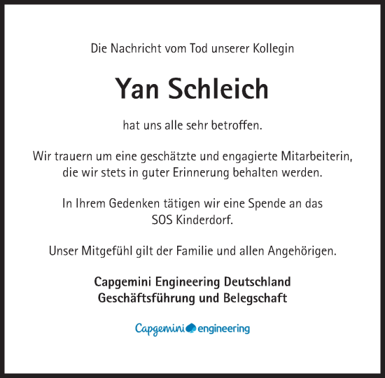 Traueranzeige von Yan Schleich von Süddeutsche Zeitung