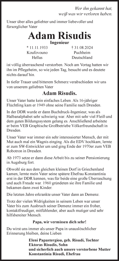 Traueranzeige von Adam Risudis von Süddeutsche Zeitung