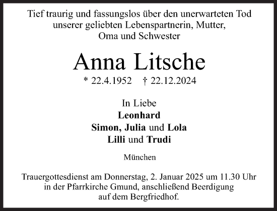 Traueranzeige von Anna Litsche von Süddeutsche Zeitung