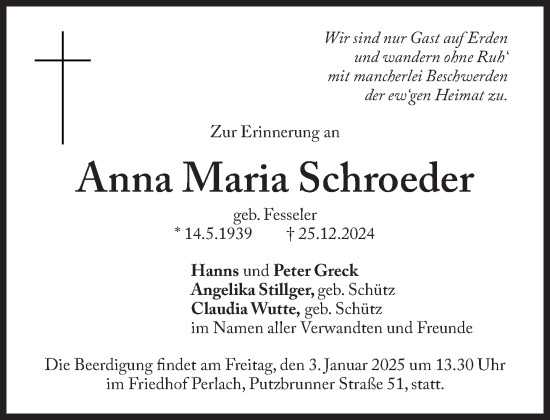 Traueranzeige von Anna Maria Schroeder von Süddeutsche Zeitung