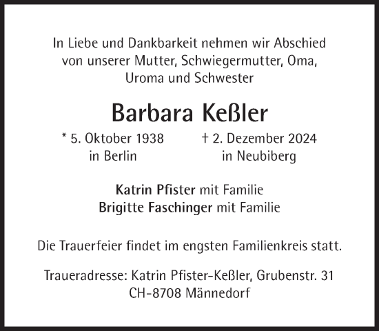 Traueranzeige von Barbara Keßler von Süddeutsche Zeitung