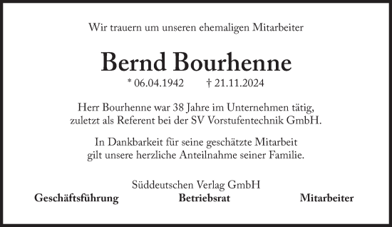 Traueranzeige von Bernd Bourhenne von Süddeutsche Zeitung