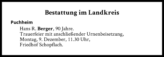 Traueranzeige von Bestattungen vom 09.12.2024 von Süddeutsche Zeitung