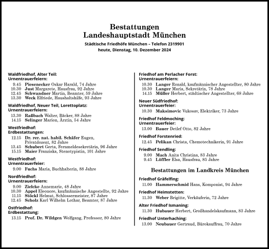 Traueranzeige von Bestattungen vom 10.12.2024 von Süddeutsche Zeitung