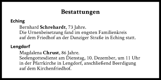 Traueranzeige von Bestattungen vom 10.12.2024 von Süddeutsche Zeitung