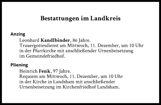 Traueranzeige von Bestattungen vom 11.12.2024 von Süddeutsche Zeitung