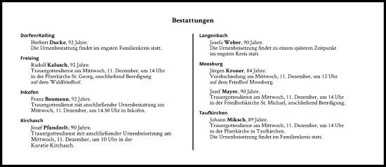 Traueranzeige von Bestattungen vom 11.12.2024 von Süddeutsche Zeitung