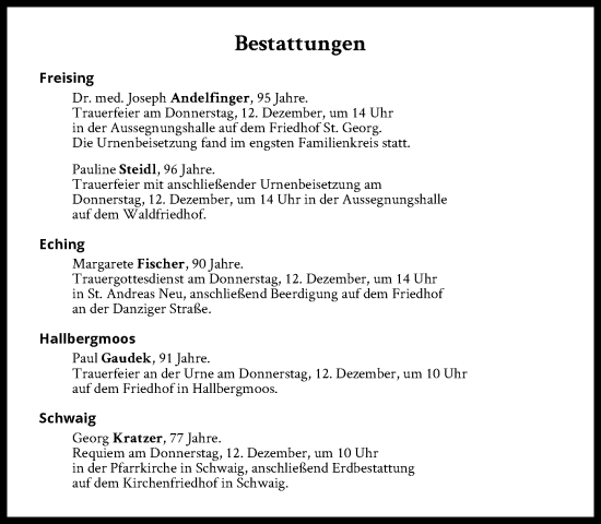 Traueranzeige von Bestattungen vom 12.12.2024 von Süddeutsche Zeitung