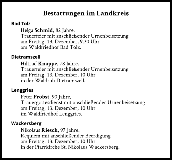 Traueranzeige von Bestattungen vom 13.12.2024 von Süddeutsche Zeitung