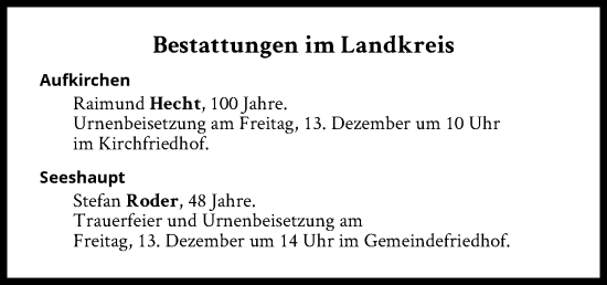 Traueranzeige von Bestattungen vom 13.12.2024 von Süddeutsche Zeitung