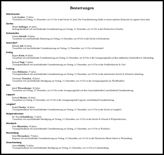 Traueranzeige von Bestattungen vom 13.12.2024 von Süddeutsche Zeitung