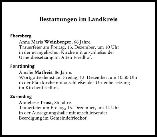 Traueranzeige von Bestattungen vom 13.12.2024 von Süddeutsche Zeitung