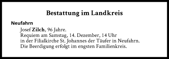 Traueranzeige von Bestattungen vom 14.12.2024 von Süddeutsche Zeitung