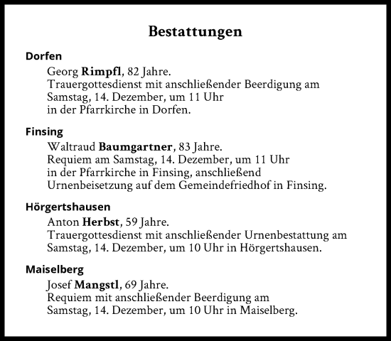 Traueranzeige von Bestattungen vom 14.12.2024 von Süddeutsche Zeitung